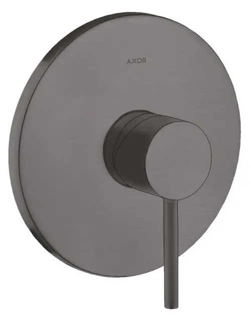Unterputz-Brausemischer in Brushed Black Chrome von AXOR, runde Frontplatte mit einem seitlichen Griff für die Temperatur- und Durchflussregulierung.